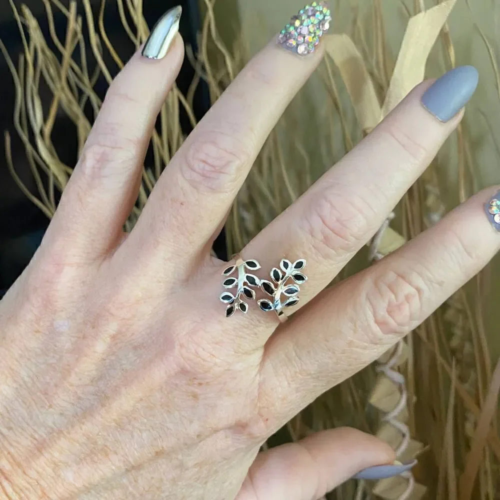 Sterling Black Onyx Olive Branch Tree Of Leaf Ring